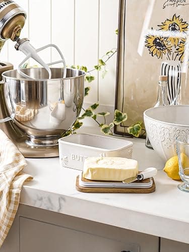 LE TAUCI Butter Dish with Lid for Countertop, Ceramic Butter Container, Embossed Butter Keeper with Acacia Wood lid, Knife, and Airtight Cover, Farmhouse Decor - Set of 1, Arctic White, Bee Pattern thumbnail 9