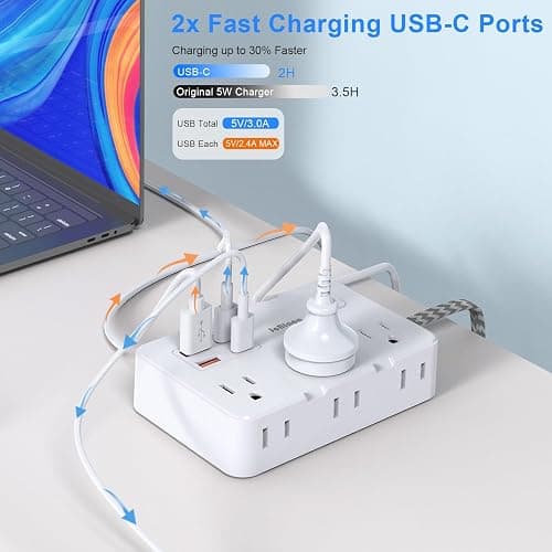 Surge Protector Power Strip 10 Ft Cord, Ultra Thin Flat Extension Cord with 6 Outlets 4 USB Ports(2 USB C), Flat Plug Power Strip, Braided Power Cord for College Dorm Room Essentials thumbnail 3
