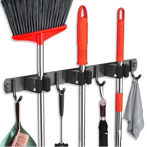 FODARSAI Mop and Broom Holder Wall Mount, Upgraded Broom Hanger Wall Mount, Stainless Steel Broom Organizer for Closet Garage Laundry Room Kitchen Wall Decor(3Racks 4Hooks Black) - Image 1