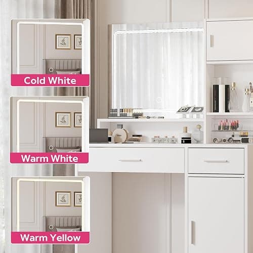 MIRROTOWEL Vanity Desk with Mirror and LED Light Strip,Dressing Table with Large Drawer, 3 Level Storage Dresser & 3 Lighting Modes Adjustable Brightness, Suitable for Bedroom thumbnail 4