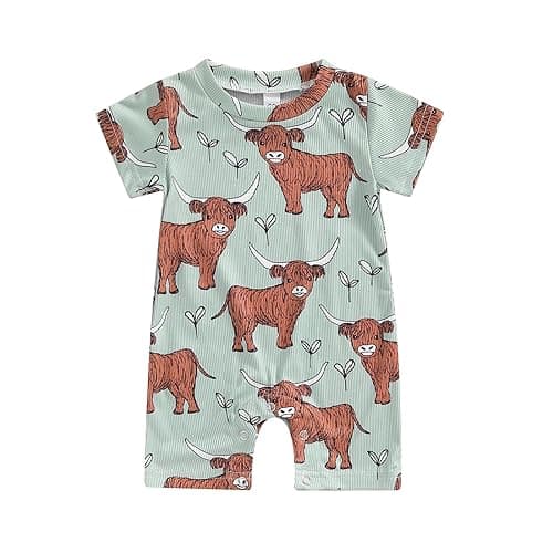 Gueuusu Country Baby Clothes Boy Girl Western Cow Print Short Sleeve Romper Bodysuit Ribbed One Piece Jumpsuit Summer Outfit - 12-18 Months - Green Highland