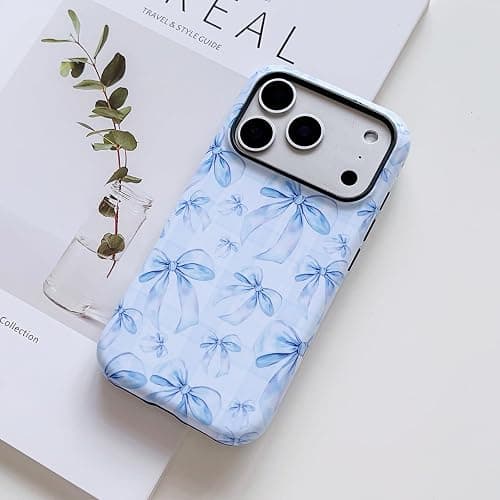 SZXYCZL Compatible with iPhone 17 Pro Max Case Phone Case, Aesthetic Kawaii Soft TPU Hard PC Protective Phone Cute Simple Checkered Bow Pattern for Women-Blue thumbnail 4