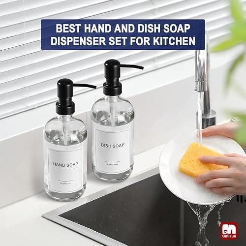 GMISUN Glass Soap Dispenser with Pump, 2 Pack Clear Bathroom Hand Soap Dispenser with Stainless Steel Pump, 16 Oz Refillable Kitchen Hand and Dish Soap Dispensers Set, Modern Liquid Pump Bottles thumbnail 6