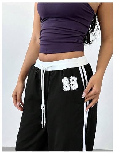 WDIRARA Women's Wide Leg Baggy Sweatpants Side Striped Number Graphic Track Pants with Pockets thumbnail 6