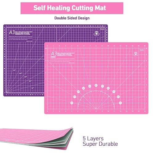 Headley Tools Rotary Cutter Set - 45mm Fabric Cutter, 5 Replacement Rotary Blades, A3 Cutting Mat, Quilting Ruler and Sewing Clips, Craft Knife Set, Ideal for Crafting, Sewing, Patchworking, Pink thumbnail 4