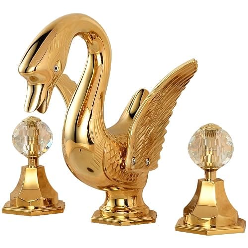 YCCUZA Widespread Bathroom Faucet Swan Design Gold Two Handles 3 Holes 8-16 Inch Bathroom Sink Faucet Lavatory Mixer Tap with Water Supply Hose Deck Mount Bathtub - Image 1