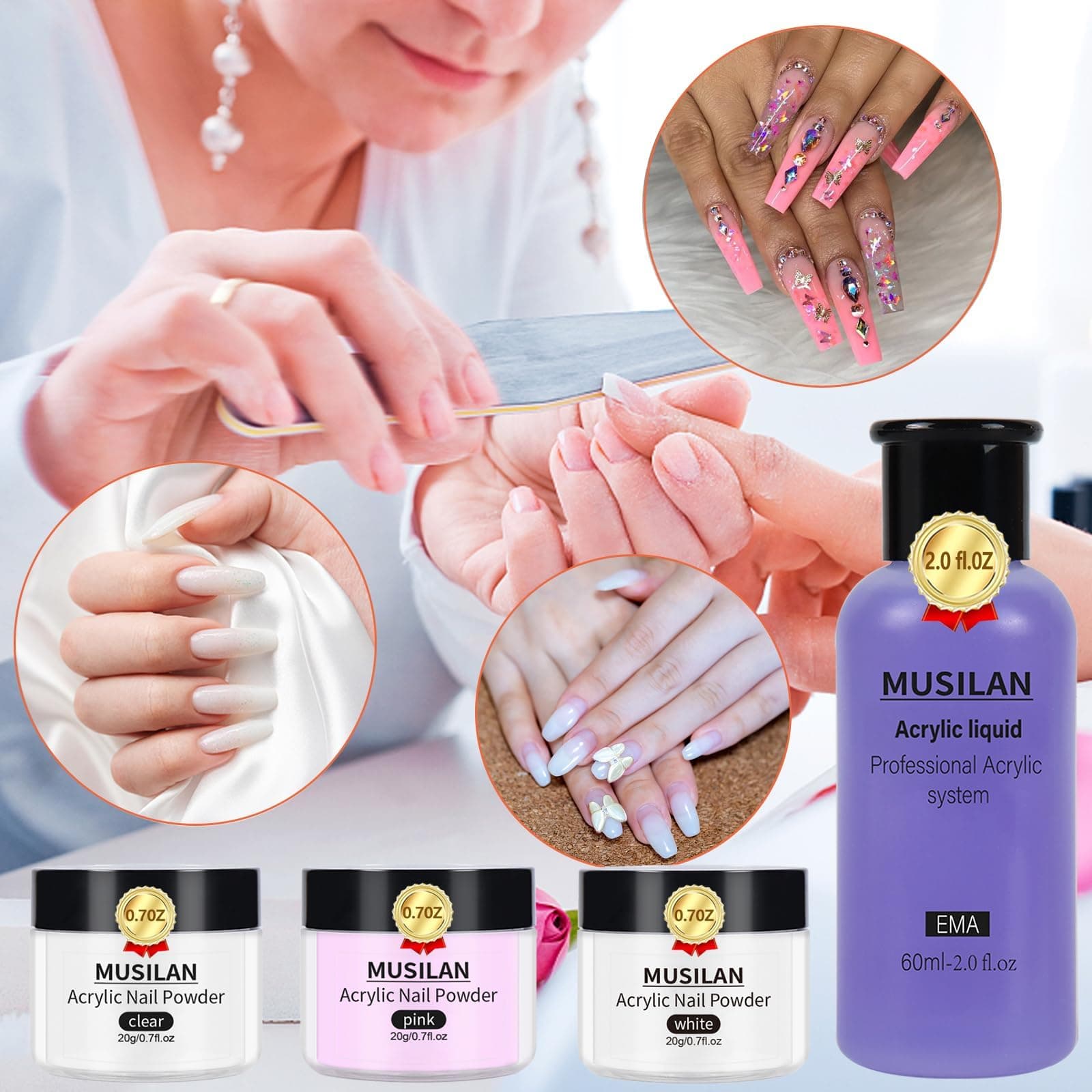 Acrylic Nail Kit Acrylic Powder and Professional Liquid Monomer Set with 5pcs Nail Brush Tips for Nails Extension Beginner kit for Nail Art Starter, Pink White Clear thumbnail 8