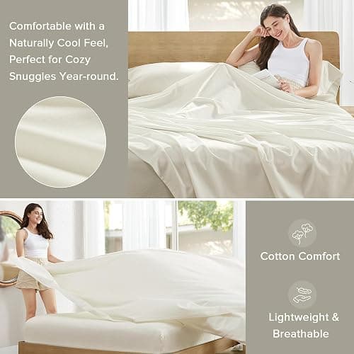 Comfort Spaces 100% Cotton Percale Sheets King Sheet Set 4 Pcs, Ivory | Crisp, Cool & Breathable Bed Sheets, 14" Deep Pocket Fits Up to 16" Mattress, Lightweight, All Season Cozy, with Pillow Case thumbnail 4