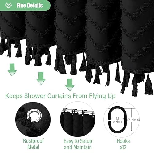 Dynamene Boho Farmhouse Shower Curtain, Black Fabric Tufted Chevron Striped Textured Tassel Shower Curtains for Bathroom, Water Repellent, Minimalist Ruffled Cloth Shower Curtain Set with Hook, 72x72 - Black - 72"W x 72"L (Pack of 1) thumbnail 5