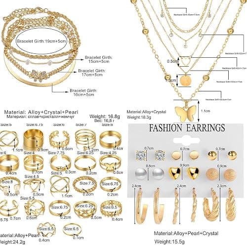 IFNODO 139pcs Gold Jewelry Set Costume Jewelry With 11 PCS Necklace, 16 PCS Bracelet, 90 PCS Stud Hoop Earring 22 Pcs Rings for Women Friendship Gift Set - GOLD COLOR thumbnail 3