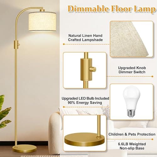 Nintiue Upgraded Modern Arc Dimmable Tall Standing Floor Lamp with Linen Shade, 1200 Lumens LED Bulb Included, for Living & Reading Room, Bedroom, Office & Nursery, Gold thumbnail 4