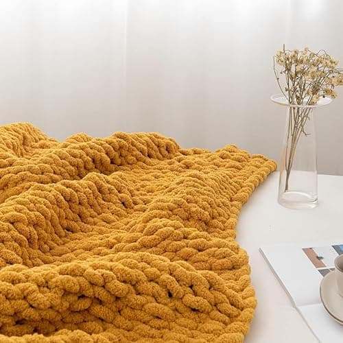 Chunky Knit Blanket Throw 40"*60", Hand Knitted Warm Chenille Throw Blanket, Home Decor Soft Thick Yarn Cable Knit Blanket,Soft Breathable Fleece Banket Christmas for Couch Bed Sofa Best Gift (Yellow) thumbnail 5