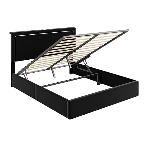 Allewie Full Lift Up Storage Bed Frame with Charging Station, Black | Enclosed Storage, USB & Type-C Charging, Smart LED Lights, Hydraulic Lift, Adjustable Headboard, Velvet Upholstery thumbnail 11