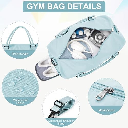 Gym Bag for Women Men with Shoes Compartment,Sports Duffle Bag Personal item travel Duffel Bags Tote Bag Small Carry on Weekender Overnight Bag Workout Dance Bag Hospital Holdalls Light Blue thumbnail 7