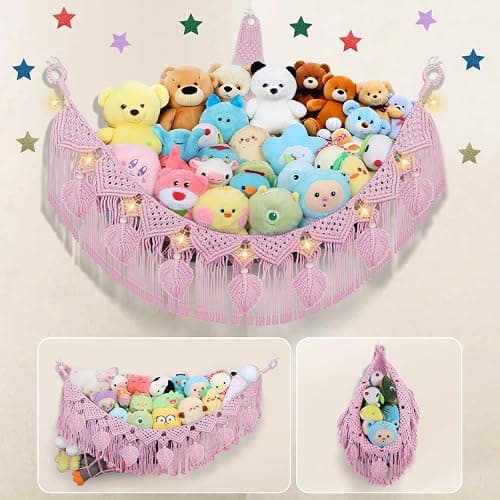 Stuffed Animal Storage Hammock Corner, 56'' Large Stuffed Animal Net Organizer for Teddy Plush Nursery Decor, Boho Macrame Leaf Toy Holder, Light Pink Toy Net w/ LED Star Light for Kid Girl Gift - Image 1
