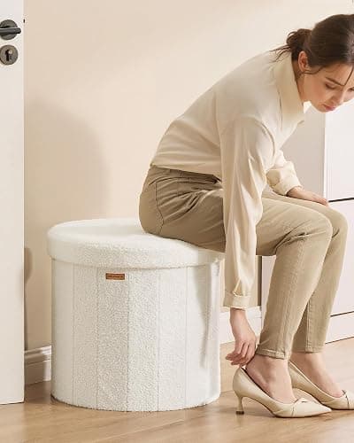SONGMICS Mazie Collection - Round Storage Ottoman, Folding Footrest Stool with Removable Lid, Easy Assembly, Teddy Fleece Vanity Stool for Bedroom, Living Room, Entryway, Cream White ULSF606W01 thumbnail 2