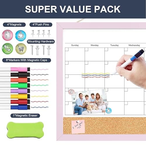 Dry Erase Calendar Cork Board Combo, 17x13 Inches Calendar Whiteboard for Wall, Small Magnetic White Board with Pink Wood Framed, Dry Erase Board for Planner Office Kitchen Home Memo thumbnail 6