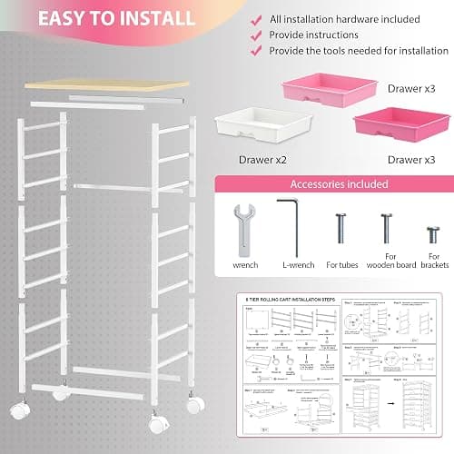 Goovilla Rolling Cart with Drawers, Utility Cart Organizer With 8 Removable Drawers and Wooden Tabletop, Lockable Rolling Storage Organizer for Art, Classroom, Home, Dorm, Office, Craft Storage, Pink thumbnail 6