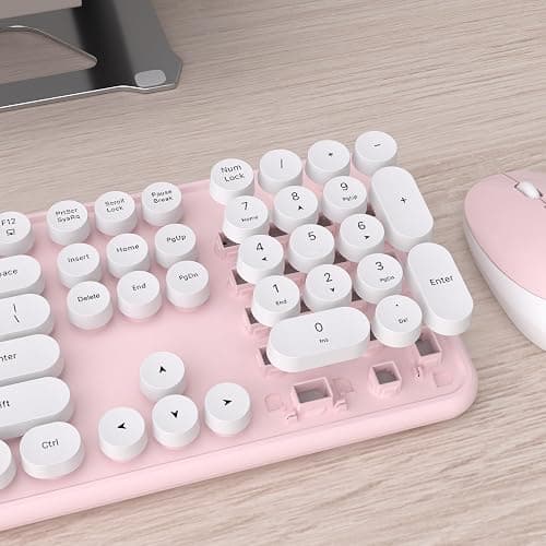UBOTIE Colorful Computer Wireless Keyboard Mouse Combos, Typewriter Flexible Keys Office Full-Sized Keyboard, 2.4GHz Dropout-Free Connection and Optical Mouse (Pink-White) thumbnail 4