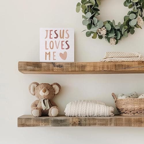 FLVGE Baby Girls Nursery Decor - Jesus Loves Me Christian Gifts Wood Sign Wall Art Decoration, Boho Neutral Bible Verse Kids Boys bookshelf Decorations, Toddler Girls Room Decor 5x5 thumbnail 2