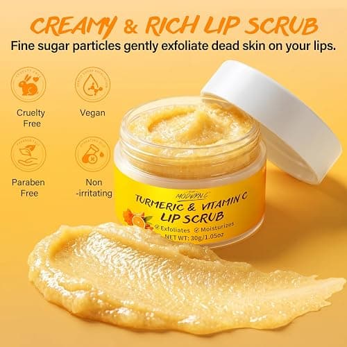 Turmeric Lip Scrub for Dark Lips Vitamin C Lip Scrubber Exfoliator Hydrating Moisturizing Exfoliating Lip Care for Dry Chapped Lips to Remove Dead Skin Smooth Dry Lines with Brush thumbnail 5