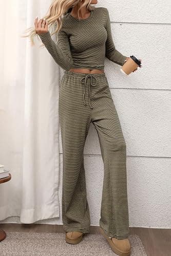 CHYRII Womens Two Piece Sets Fall Fashion Striped Long Sleeve Tops Wide Leg Palazzo Pants Outfits Loung Sets thumbnail 4