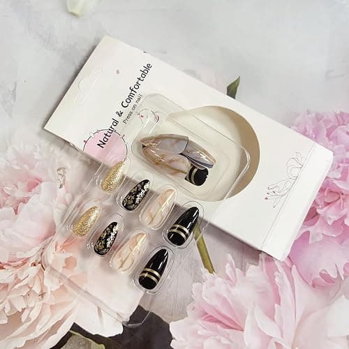 Black Amber Press on Nails Almond Fake Nails Medium Length Gold Foil Glue on Nails with Designs False Nail Tips Exquisite Almond Shape Stick on Nails Medium Artificial Nails for Women 24Pcs thumbnail 6