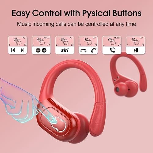Aptkdoe Wireless Earbuds 75hrs Bluetooth 5.4 Headphone Sport, 2025 Bluetooth Earbuds Stereo Deep Bass Over Ear Bud with Earhooks, ENC Noise Cancelling Mic, IPX7 Waterproof Earphone, Red thumbnail 7