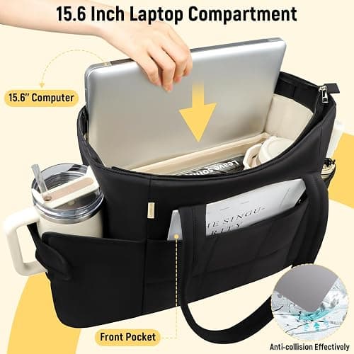 Sambois Puffer Tote Bag with Large Cup Holder& 15.6 Inch Laptop Compartment, Lightweight Puffy Work Bag with Water Bottle Pocket, Large Laptop Tote with Clutch Purse for Commuter Teacher Nurse (Black) thumbnail 6