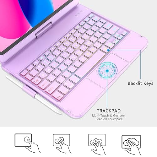 CC Store for iPad (A16) 11th 10th Generation Case with Keyboard - 7 Color Backlit 360° Swivel Multi-Touch Track Pencil Holde for iPad 11-inch A16 2025 10th Gen 10.9 Inch 2022 (Light Purple) thumbnail 4