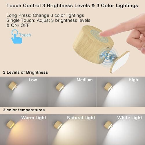 AKSDA Battery Operated Wall Light, LED Wall Sconce with 3 Color Modes 3 Brightness Levels 360°Rotation Lighting Touch Control, Wall Mounted Lamp Cordless Wall Lamp for Bedroom Reading Bedside-1Pack thumbnail 2