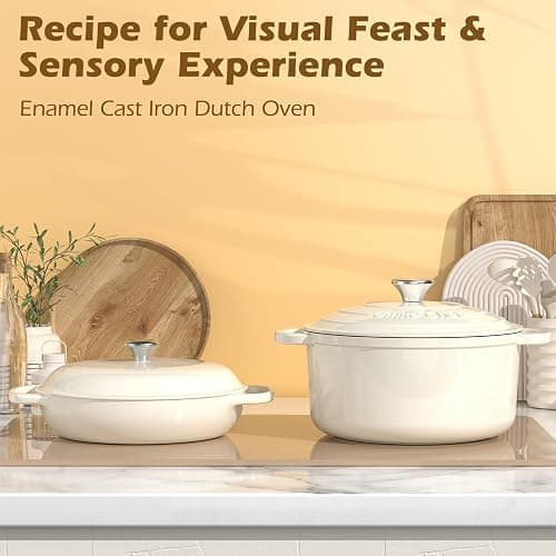 Enameled Cast Iron Dutch Oven - Umite Chef 5QT Pot with Lid & Cotton Potholders - Heavy-Duty Cookware for Bread Baking, Braising, Stews, Roasting(Cream White) thumbnail 3