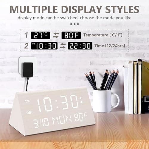 Kogonee Wooden Digital Alarm Clock, 0-100% Dimmer, 2 Alarm Settings, Weekday/Everyday Mode, 9 Mins Snooze, 12/24H, Temperature and Date Display for Office, Travel, Bedroom Alarm Clock (White) thumbnail 6