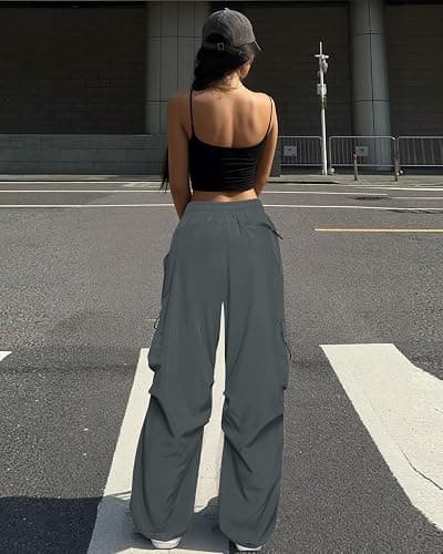 FLEFRM Cargo Pants Women Baggy High Waisted Parachute Pants with Pockets Wide Leg Y2K Casual Pants for Women thumbnail 4