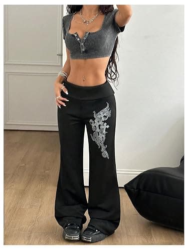 Milumia Women's Gothic Grunge Graphic Foldover Pants Y2k Low Waist Trousers Sweapants thumbnail 4