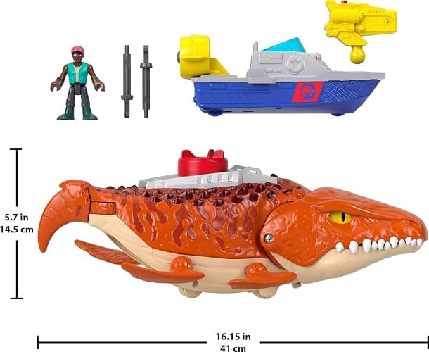 Fisher-Price Imaginext Jurassic World Rebirth Aquachomp Chase Mosasaurus 18-inch Dinosaur Toy with 3-inch Action Figure, Launcher Boat & 2 Projectiles thumbnail 3