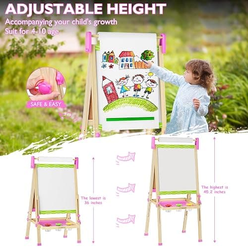 Doselie Easel for Kids,Adjustable Wooden Kids Art Easel with Paper Roll,Double-Sided Magnetic Toddler Easels,Dry Erase Whiteboard and Chalk Board,Toys for 3 4 5 6 7 8 9 10 Year Old Girl Boy Gift thumbnail 2