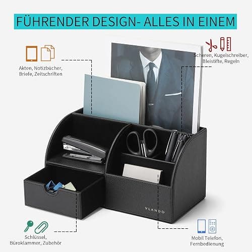 Vlando Desk Organiser with Drawer, Leather Office Stationery Desk Organiser, Multifunctional Desk Pen Organiser, Remote Control Holder, Black thumbnail 5