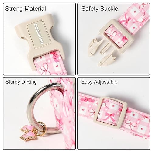 DOGWONG Pink Plaid Dog Collar-Cute Pink Bowtie Print Dog Collar, Adjustable Cotton Girl Female Pet Collar with Quick Release Buckle,S thumbnail 3