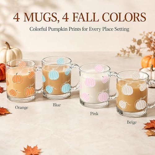 RimCereal 4 Pcs Fall Glass Coffee Mugs, 12oz Pumpkin Mug with Handle | Cute Pumpkin Coffee Cups Thanksgiving Autumn Harvest Fall Glass Cup for Drinking Beverage Tea Milk thumbnail 4