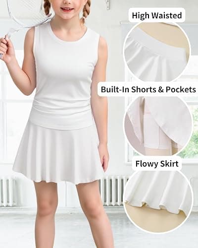 SODLON Girls Tennis Skirts Sets Kids Sleeveless Ruched Athletic Tank Tops Flowy Pleated Skirt Pockets Skorts Shorts Outfits thumbnail 3