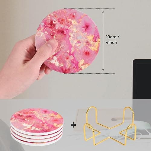 Lemonleaf Cute Pink Gold Drink Coasters Set of 4, 4 Inch Office Absorbent Desk Coasters with Holder thumbnail 3