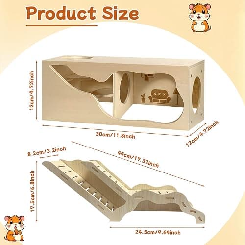 Hamster Hideout & Tunnel Set, 2Pcs Wooden House with Climbing Ladder, Exploration Tubes & Observation Shed for Syrian Hamsters, Dwarf Hamsters, Mice, Gerbils, Rats, and Other Small Animals thumbnail 2