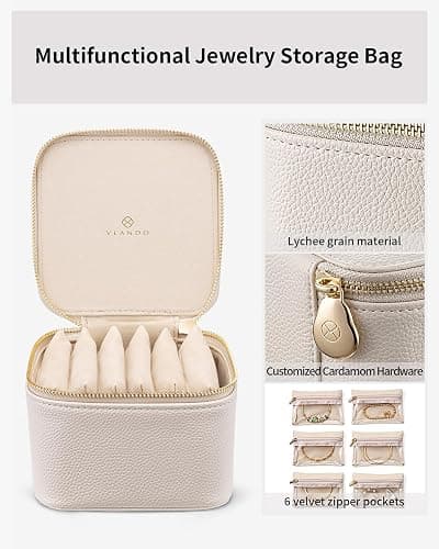 Vlando Travel Jewelry Case,Small Jewelry Box Organizer,Travel Jewelry Storage with 6 Velvet Jewelry Zipper Pockets, Birthday Gifts for Women Girls (White) thumbnail 6
