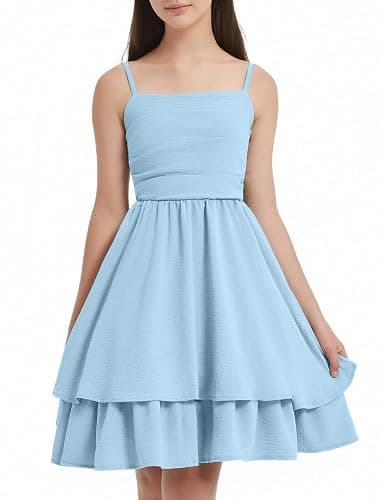 EXARUS Girls Flowy Ruffled Hem/Puff Bubble Dress Teen Ruched Summer Adjustable Spaghetti Strap Casual Cami Mini Dresses - Ruffled - 12 Years - Blue Ruffled thumbnail 2