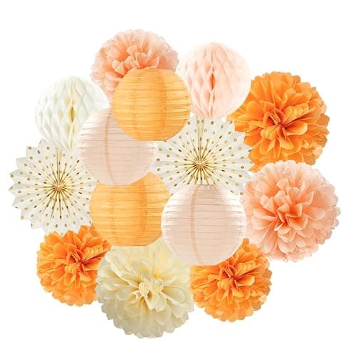 Beige-Orange Peach Fall Party-Decorations Paper-Lanterns- 14pcs Autumn Thanksgiving Harvest Birthday Boho Streamers Fan,Tissue Pom Poms, Baby Bridal Shower Wedding Engagement Decor Lasting Surprise - Image 1
