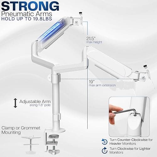 VIVO Dual Monitor Arm Mount for 17 to 32 inch Screens - Pneumatic Height Adjustment, Full Articulating Tilt, Swivel, Heavy Duty VESA Stand with Desk C-clamp and Grommet Option, White, STAND-V002KW thumbnail 3