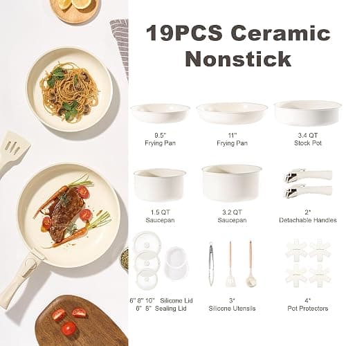 Chef Power Ceramic Cookware Set Non Toxic with Detachable Handles, Healthy Nonstick Pans and Pots Set 19 Pcs, Induction Dishwasher Oven Safe Kitchen Set, PFAS PFOA & PTFE Free, Cream White thumbnail 2