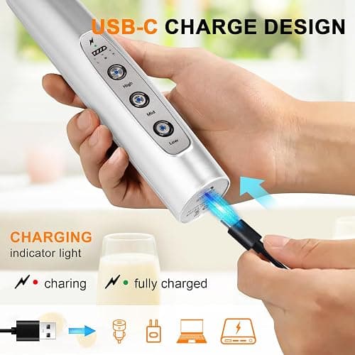 YUSWKO Rechargeable Milk Frother Handheld with 3 Heads, Silver Coffee Electric Whisk Drink Foam Mixer, Mini Hand Stirrer with 3 Speeds Adjustable for Latte, Cappuccino, Hot Chocolate, Egg thumbnail 3