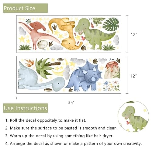 Yovkky Watercolor Baby Dinosaur Wall Decals Stickers, Dino Volcano Tropical Leaf Palm Tree Baby Boy Girl Room Nursery Decor, Cloud Moon Star Neutral Home Decorations Kid Bedroom Playroom Art thumbnail 2